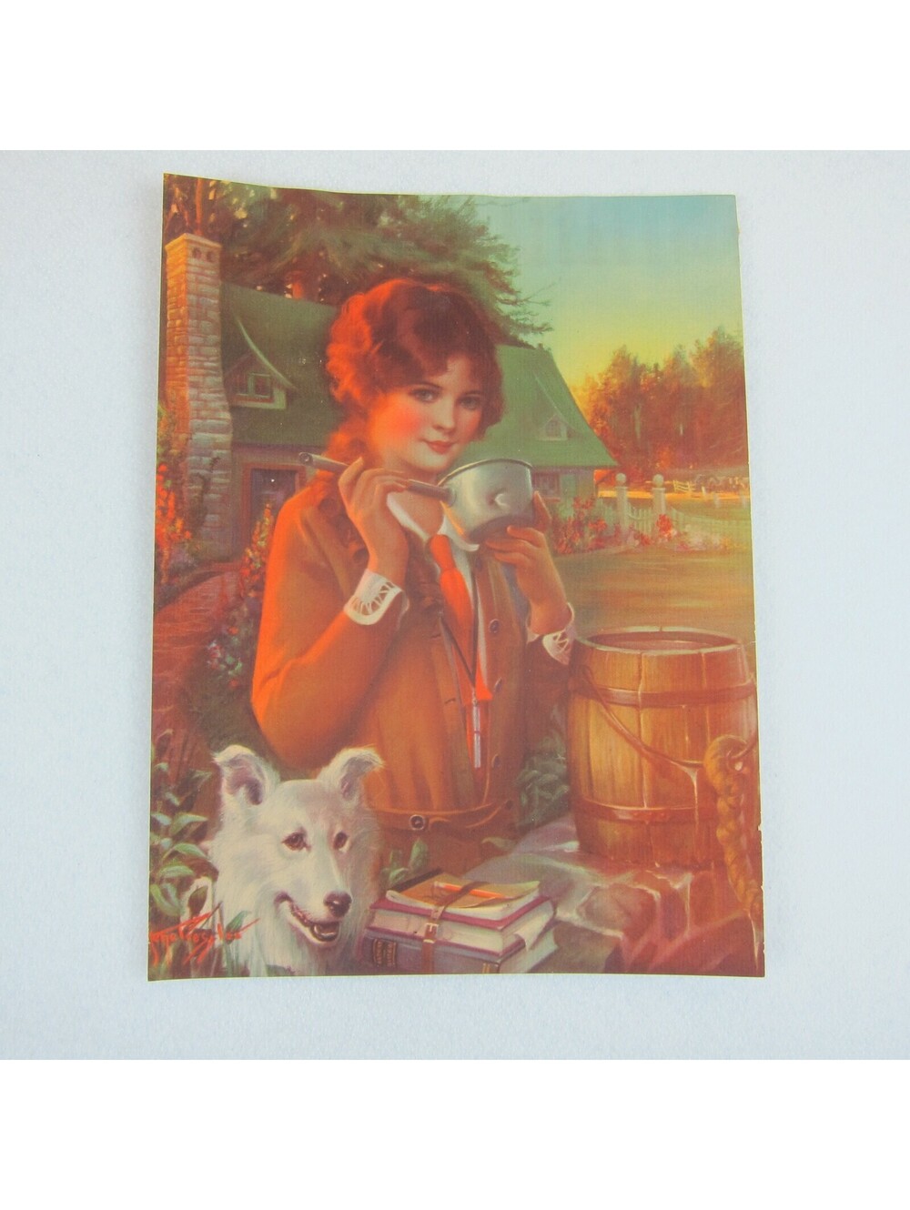 Vintage Gene Pressler Print 1920s Young Lady with Books White Dog Drink at Well